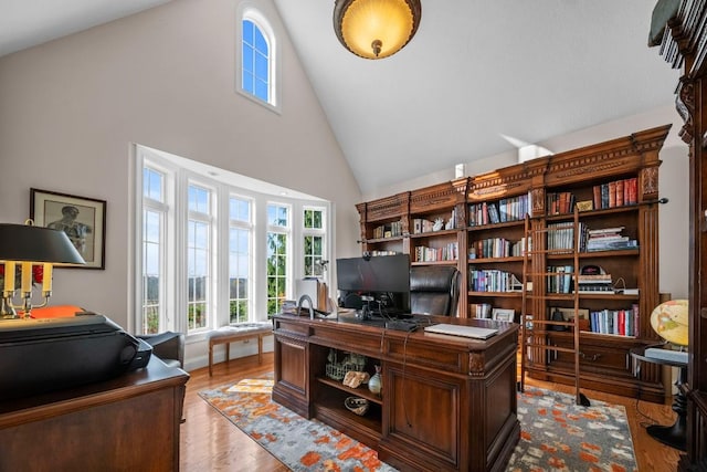 office featuring light hardwood / wood-style floors and a high ceiling