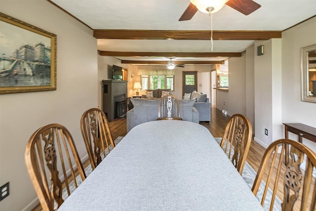 454 Orchard Beach Rd, North East, PA 16428 - dining area featuring ceiling fan, dark wood finished floors, and beam ceiling