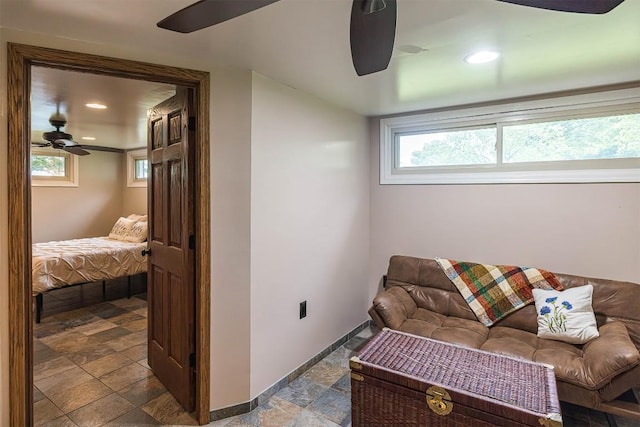 454 Orchard Beach Rd, North East, PA 16428 - living area with a ceiling fan, stone tile flooring, and recessed lighting