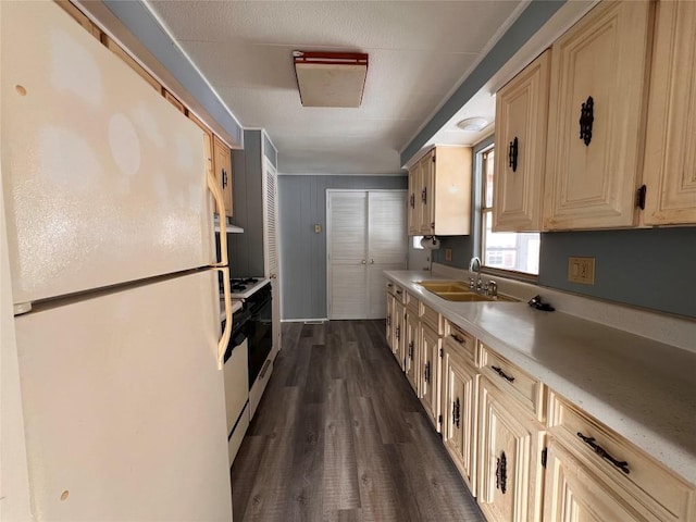 kitchen featuring sink, dark wood-type flooring, and white appliances