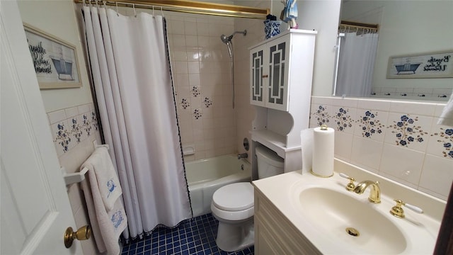 full bathroom with backsplash, vanity, shower / bathtub combination with curtain, and toilet