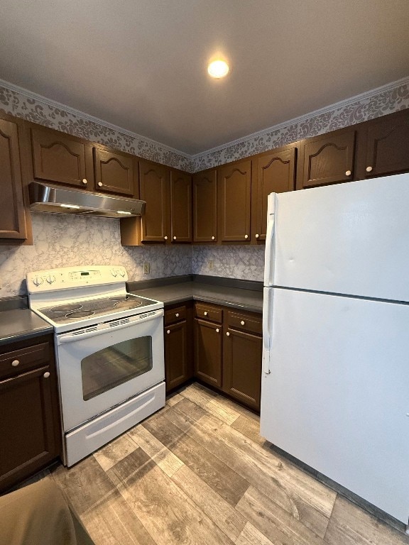 kitchen featuring dark brown cabinetry, white appliances, and light hardwood / wood-style flooring