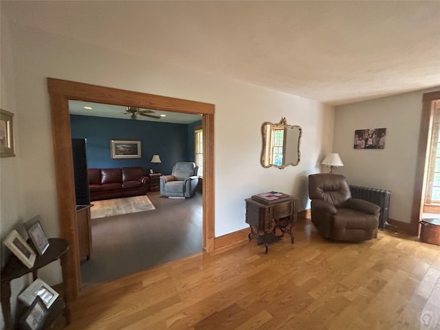 living area with ceiling fan, light hardwood / wood-style floors, and a healthy amount of sunlight