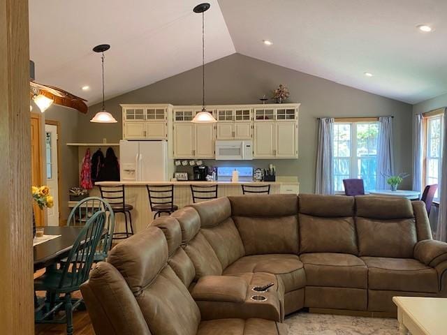 2156 Depot St, Waterford, PA 16441 - living room featuring vaulted ceiling and recessed lighting