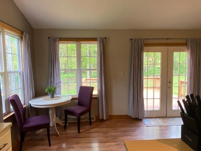 2156 Depot St, Waterford, PA 16441 - dining space with french doors, vaulted ceiling, and light wood finished floors