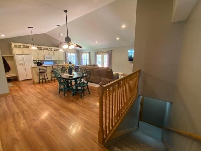 2156 Depot St, Waterford, PA 16441 - dining area with vaulted ceiling, ceiling fan, light wood-style floors, and recessed lighting