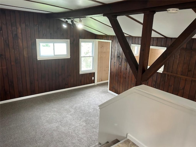 additional living space featuring wood walls, carpet, and vaulted ceiling