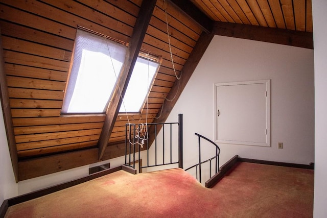 5130 W Stancliff Rd, Mckean, PA 16426 - bonus room with carpet, wood walls, wooden ceiling, lofted ceiling with skylight, and baseboards