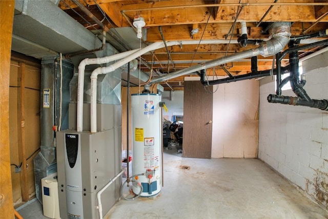 7712 Lakewood Dr, Fairview, PA 16415 - unfinished basement with gas water heater, heating unit, and concrete block wall
