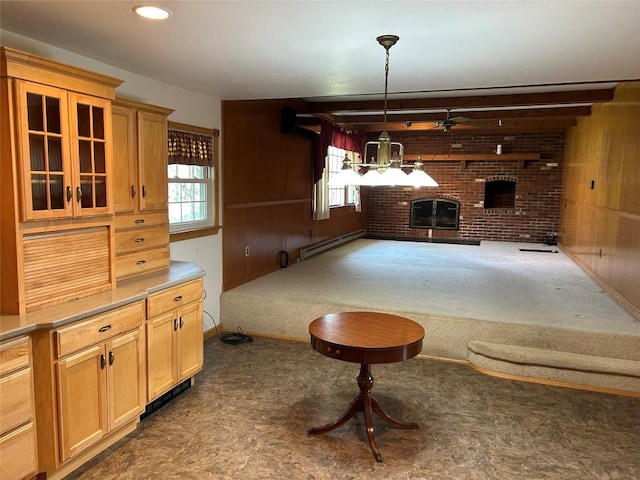 6848 6th Hwy, Linesville, PA 16424 - carpeted dining room featuring a fireplace, a wall mounted air conditioner, wood walls, and baseboard heating