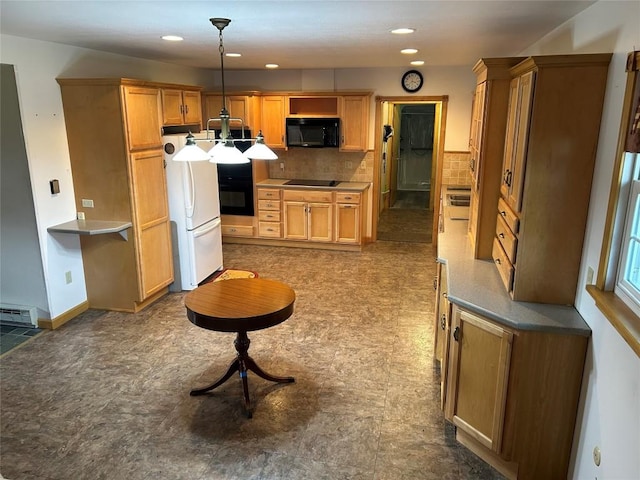 6848 6th Hwy, Linesville, PA 16424 - kitchen featuring recessed lighting, decorative light fixtures, decorative backsplash, black appliances, and baseboard heating