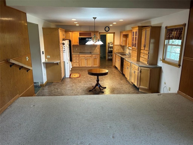 6848 6th Hwy, Linesville, PA 16424 - kitchen featuring a sink, glass insert cabinets, black appliances, tasteful backsplash, and hanging light fixtures