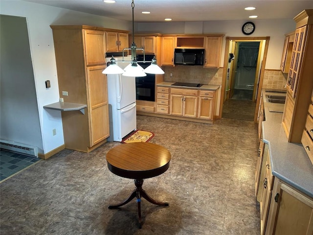 6848 6th Hwy, Linesville, PA 16424 - kitchen featuring black appliances, decorative backsplash, a baseboard radiator, and recessed lighting