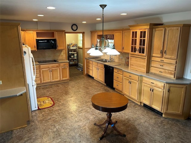 6848 6th Hwy, Linesville, PA 16424 - kitchen featuring a sink, pendant lighting, decorative backsplash, black appliances, and glass insert cabinets