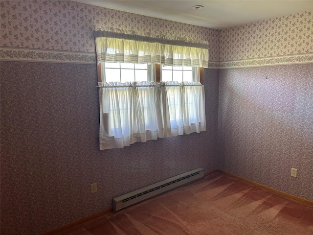 6848 6th Hwy, Linesville, PA 16424 - spare room featuring a baseboard radiator, wallpapered walls, and carpet floors