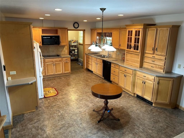 6848 6th Hwy, Linesville, PA 16424 - kitchen with black appliances, decorative backsplash, hanging light fixtures, and glass insert cabinets