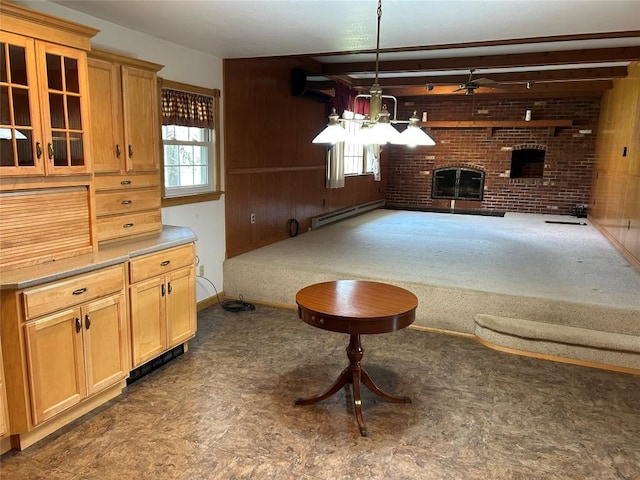 6848 6th Hwy, Linesville, PA 16424 - interior space with an AC wall unit, baseboards, baseboard heating, wood walls, and a fireplace