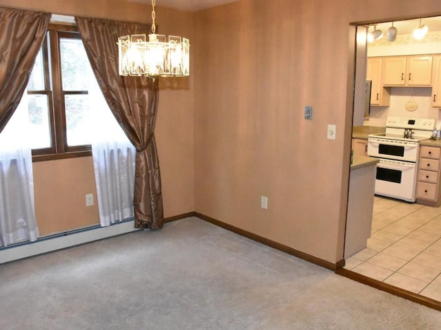 unfurnished dining area featuring light tile patterned floors, a baseboard radiator, baseboards, light colored carpet, and a chandelier