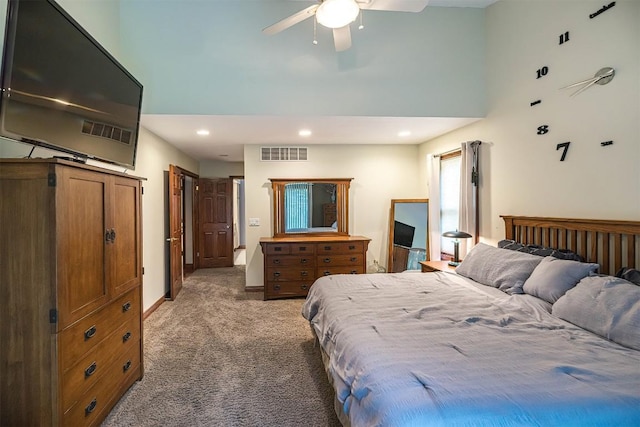10170 Tiger Lily Ln, Waterford, PA 16441 - bedroom with light colored carpet, a towering ceiling, recessed lighting, baseboards, and ceiling fan