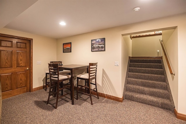 10170 Tiger Lily Ln, Waterford, PA 16441 - carpeted dining area featuring baseboards, stairway, and recessed lighting