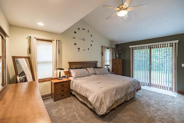 10170 Tiger Lily Ln, Waterford, PA 16441 - bedroom with light colored carpet, access to exterior, vaulted ceiling, a ceiling fan, and recessed lighting