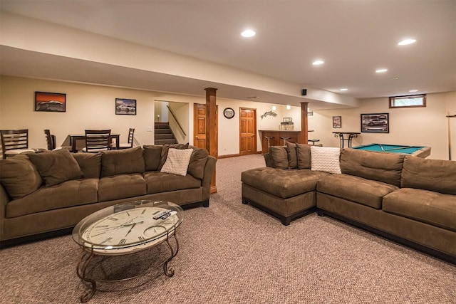 10170 Tiger Lily Ln, Waterford, PA 16441 - living room with light carpet, recessed lighting, stairs, bar area, and billiards table