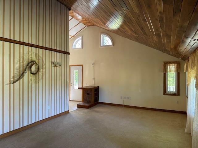 interior space with carpet floors, vaulted ceiling, and wooden ceiling