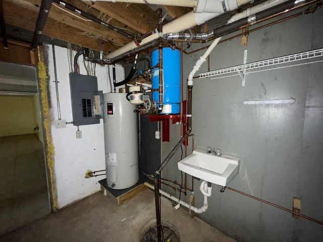 utilities with electric water heater, electric panel, and sink