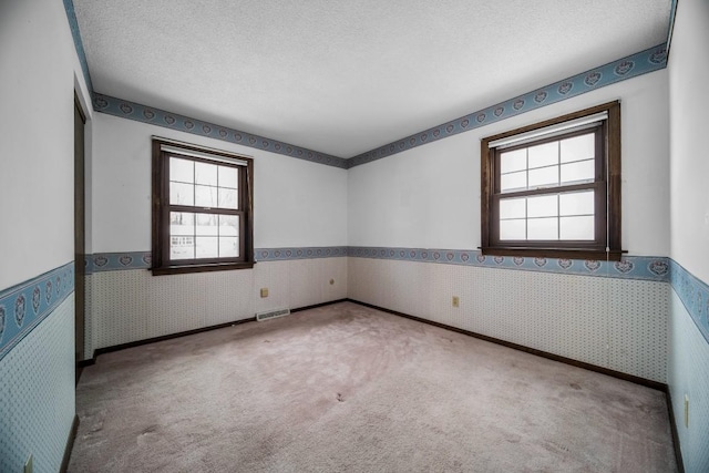 carpeted spare room with radiator heating unit, a healthy amount of sunlight, and a textured ceiling