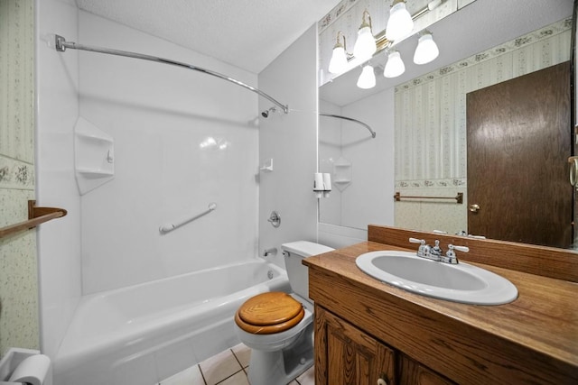 full bathroom featuring a textured ceiling, tile patterned floors, vanity, toilet, and shower / bathtub combination