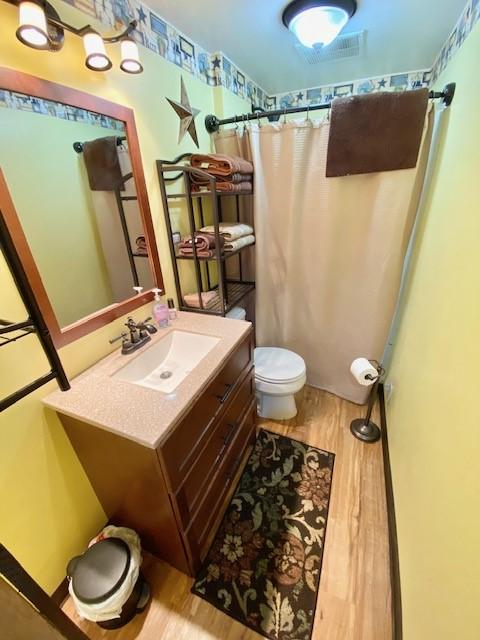10634 N Edgewood Dr, Lake City Borough, PA 16423 - bathroom with wood finished floors, toilet, vanity, and a shower with shower curtain