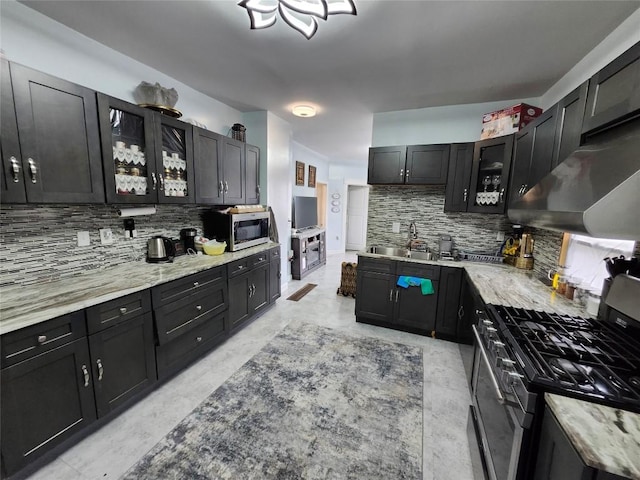 kitchen featuring decorative backsplash, appliances with stainless steel finishes, sink, and light stone counters