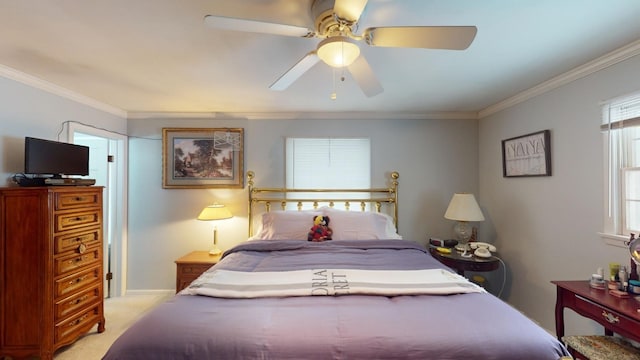 bedroom with light carpet, ceiling fan, and crown molding