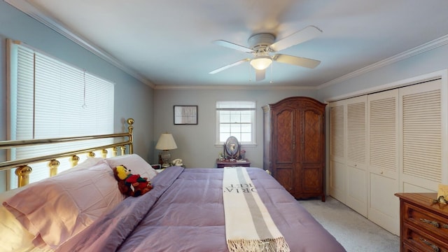 carpeted bedroom with ceiling fan, ornamental molding, and a closet