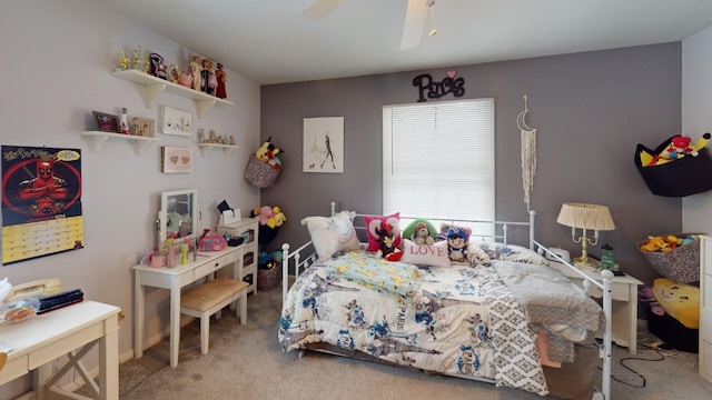 carpeted bedroom with multiple windows and ceiling fan