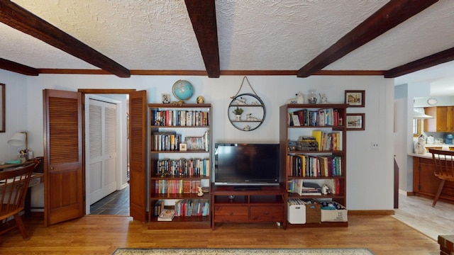 living room with beam ceiling, light wood-type flooring, and a textured ceiling