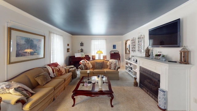 carpeted living room featuring ornamental molding and a fireplace