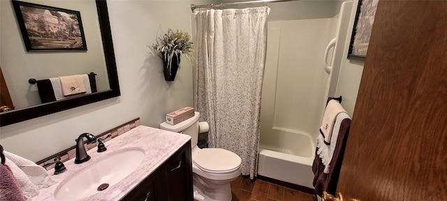 full bathroom featuring vanity, wood-type flooring, toilet, and shower / bath combo