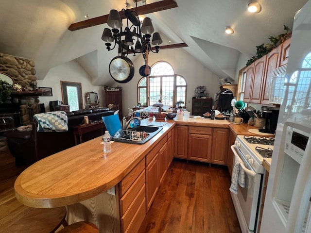 13478 Old Lake Rd Unit 62, East Springfield, PA 16411 - kitchen featuring white appliances, open floor plan, a chandelier, dark wood finished floors, and butcher block counters