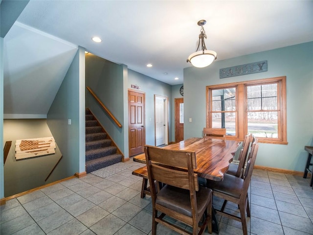 dining space with recessed lighting, baseboards, stairs, and light tile patterned floors