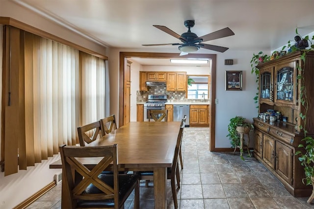 dining area featuring ceiling fan and sink