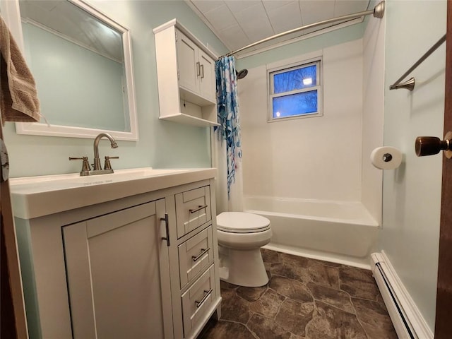 full bathroom featuring vanity, toilet, shower / bath combo with shower curtain, and a baseboard heating unit