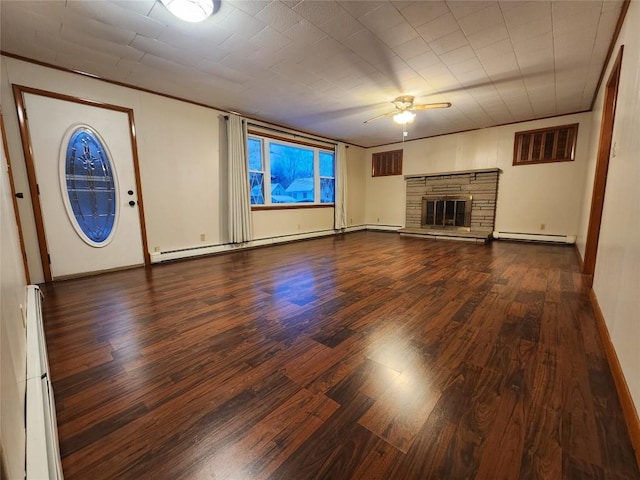 unfurnished living room featuring ceiling fan, a stone fireplace, wood-type flooring, and baseboard heating