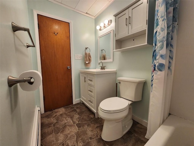 full bathroom featuring vanity, a baseboard radiator, toilet, and shower / bathtub combination with curtain