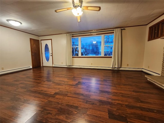 empty room featuring ceiling fan, dark wood-type flooring, and a baseboard radiator