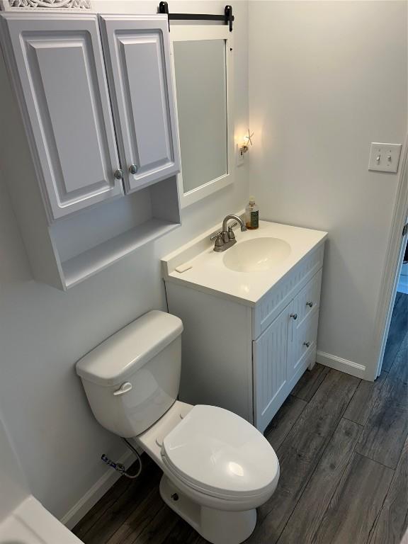 bathroom featuring vanity, wood-type flooring, and toilet