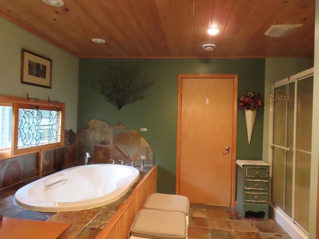 1900 Navaho Rd, Jamestown, PA 16134 - bathroom with wood ceiling, a shower stall, a garden tub, recessed lighting, and stone finish floors