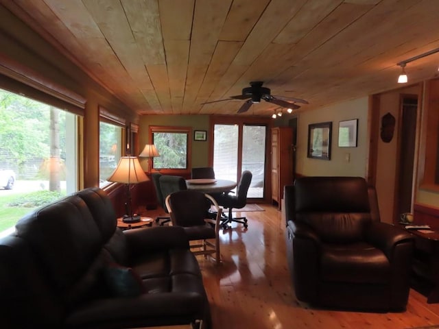 1900 Navaho Rd, Jamestown, PA 16134 - living room with wood ceiling, light wood-type flooring, and a ceiling fan