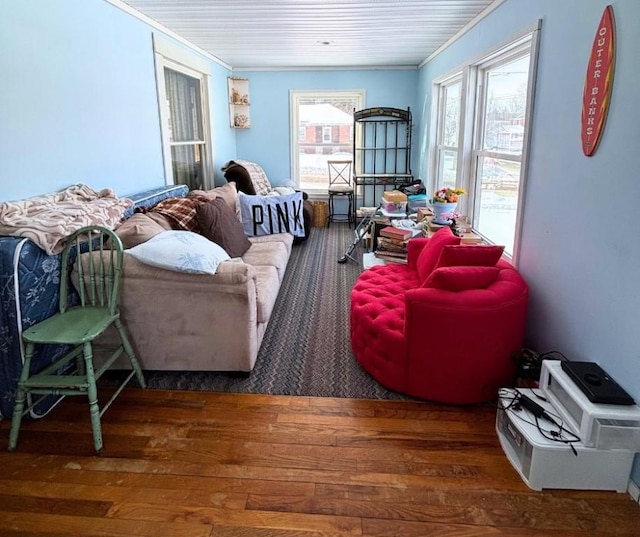 living room featuring ornamental molding and wood finished floors