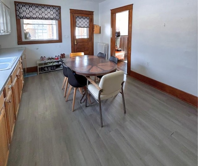 dining area with light wood finished floors, radiator heating unit, and baseboards